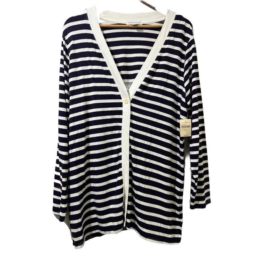 Coldwater Creek NWT Womens Cardigan Large 14 Cream Striped Long Sleeve Button